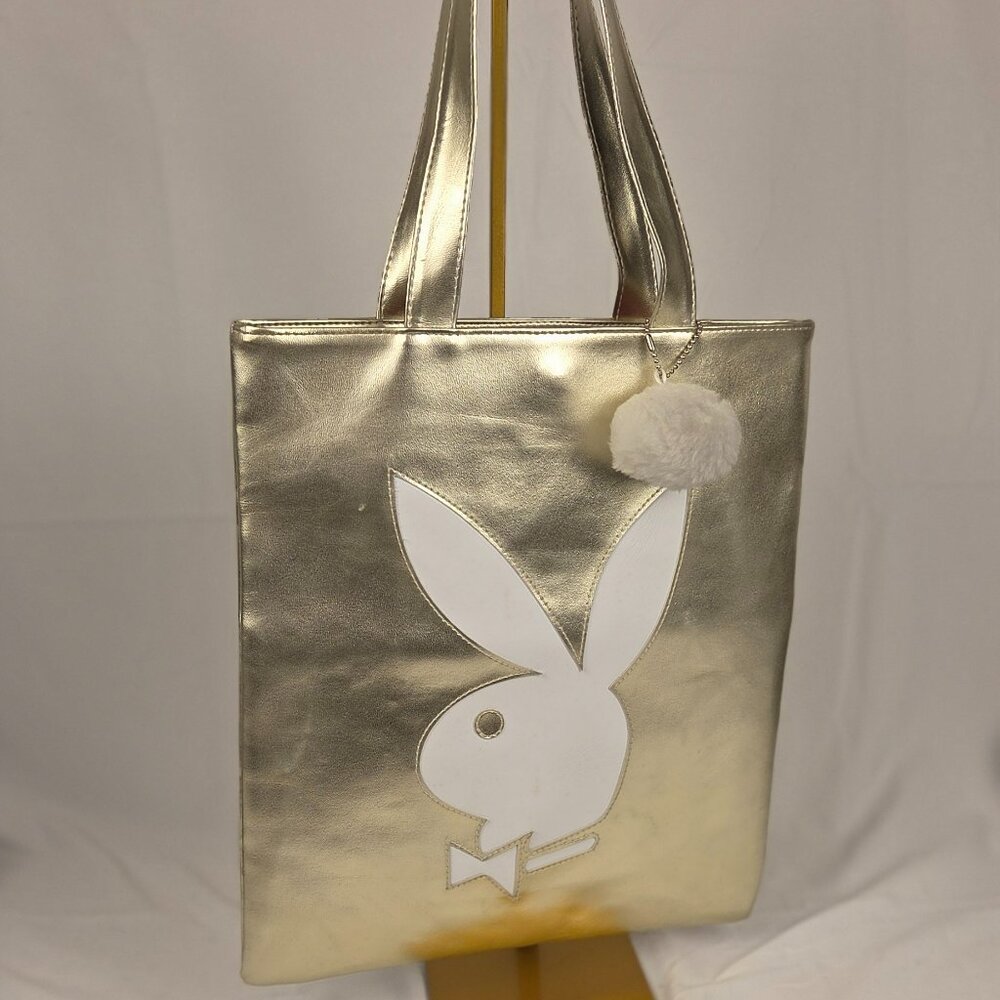 Vintage Y2K Playboy Metallic Gold Tote Bag White Bunny Logo Pink Logo Lining - Picture 2 of 9